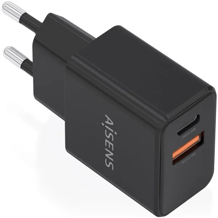 Aisens Cargador GaN 20W con USB-C PD 3.0 y USB-A QC 3.0, Negro Aisens Cargador GaN 20W con USB-C PD 3.0 y USB-A QC 3.0, Negro